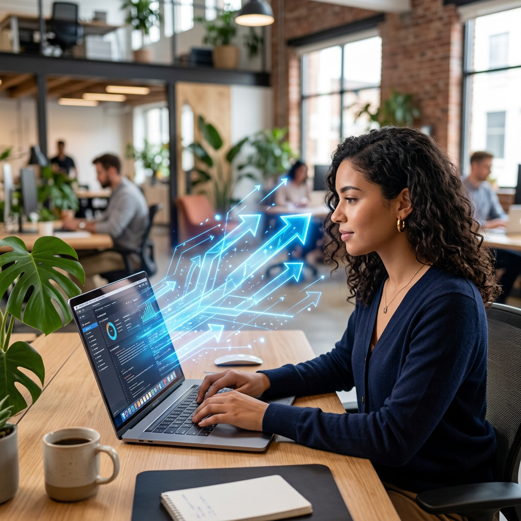 Woman typing on laptop with digital arrows representing data growth