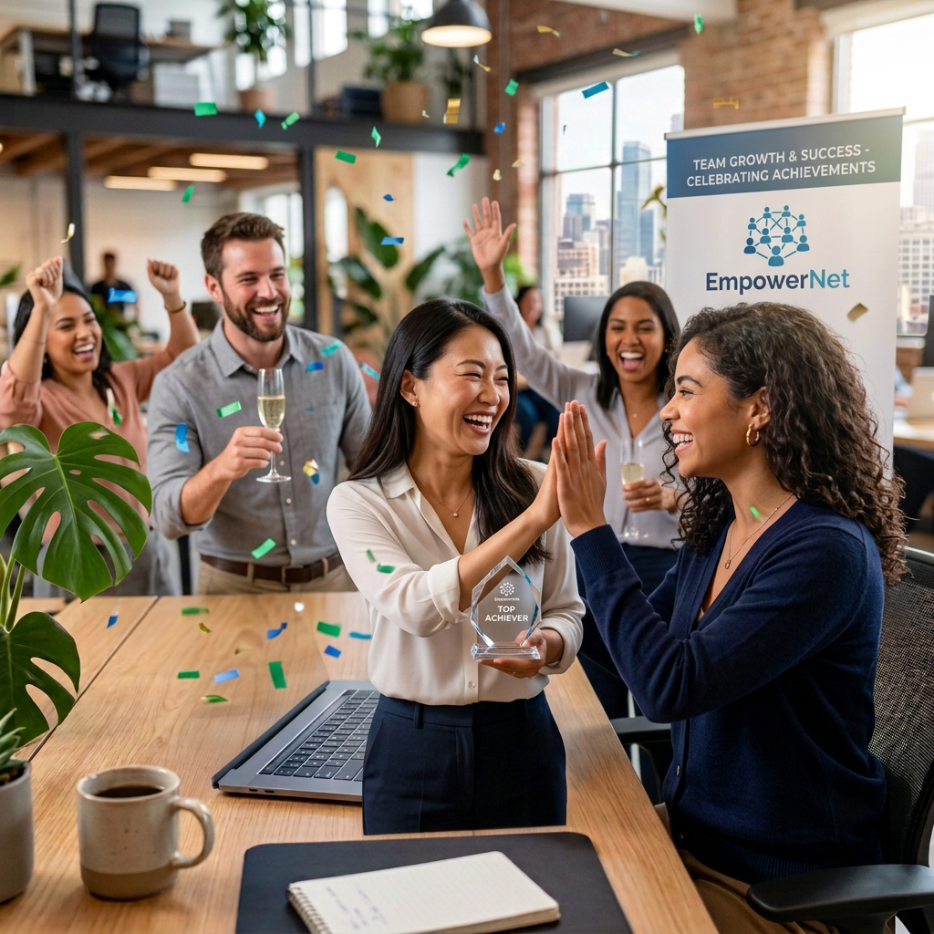 Two women high-fiving with one holding a top achiever award, surrounded by smiling colleagues and confetti